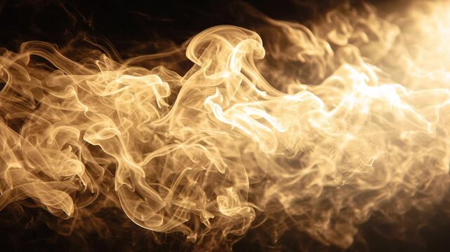 Burning grill with sparks and smoky fog frame concept. Abstract golden smoke swirling in dark background with bright light effect and mystical atmosphere