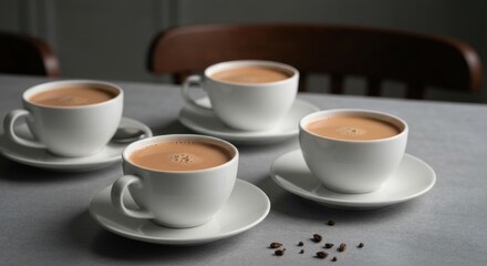 Obraz premium Four Cups of Coffee on Saucers on a Table.
