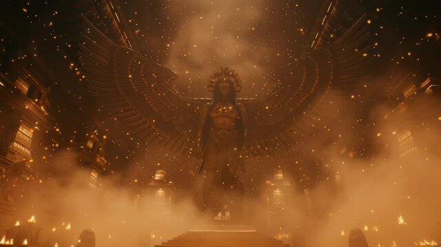 Ancient Egyptian Goddess Isis Prayer Scene in Torchlit Temple with Golden Statues and Hieroglyphs