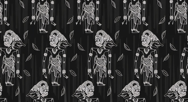 White line art shadow puppets on black background repeating pattern