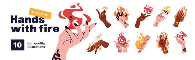 Plakat Hands with magic burning fire set. Human palms holding flame. Witchcraft, spells and sorcery. Concept of inner energy, power and anger. Flat isolated vector illustrations on white background