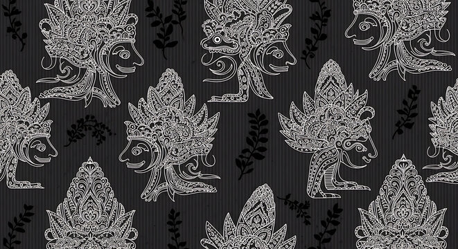 Authentic Javanese shadow puppet and leaf motif seamless backdrop