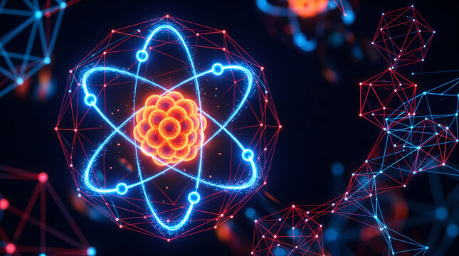 Stylized 3D rendering of an atomic nucleus with orbiting electrons