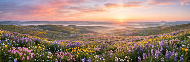 Obraz premium Panoramic landscape of a mountain meadow filled with spring wildflowers at sunset