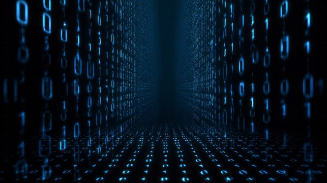 Digital stream of binary code flows through a dark, futuristic tunnel.