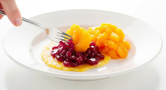 Fresh fruit dessert with orange and cherry toppings on white plate  