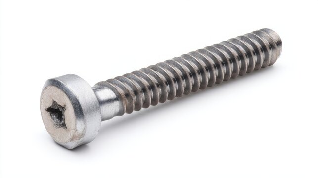 Metal screw with torx head isolated on white background. Steel fastener for industrial construction and repair work. Hardware object for engineering project and home improvement supply.