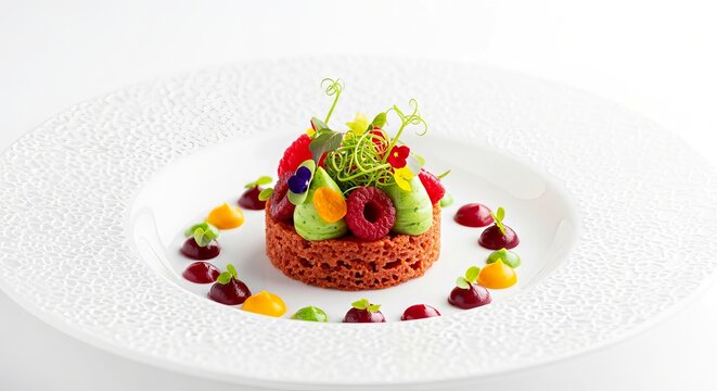 Gourmet dessert with colorful fruits and green cream on white plate  