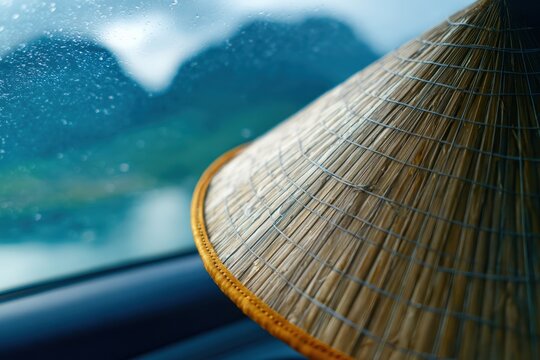 雨の日の窓の近くのベトナムの円錐形の帽子