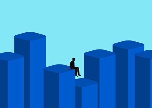 Solitary investor sitting on top of blue chart skyscraper concept