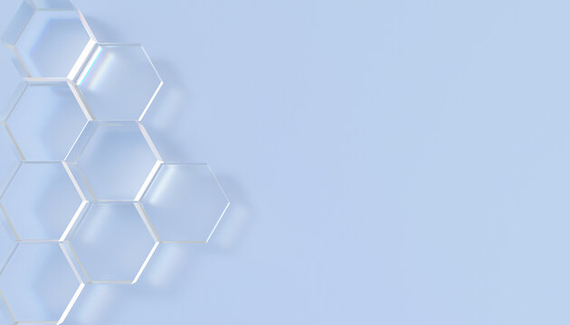 Glass hexagon shapes on blue background with abstract liquid effect