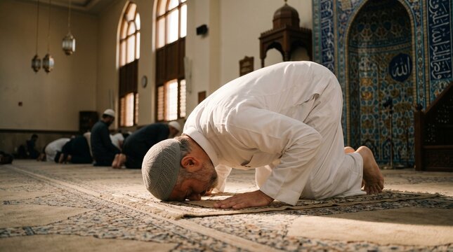Muslim Man Performing Sujud Prayer Inside Mosque &ndash; Islamic Worship and Spiritual Devotion