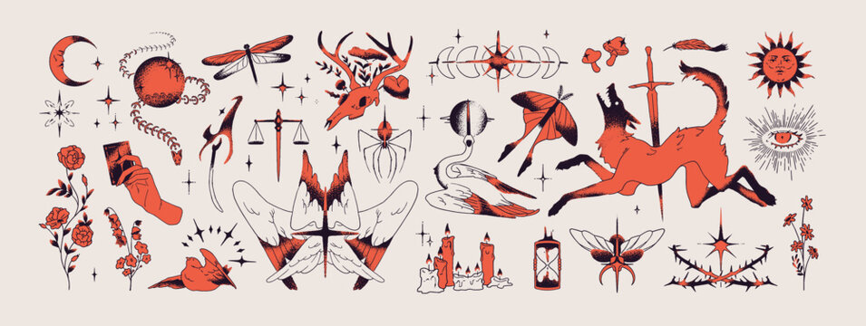Sketches of mystic tattoos set. Magic elements, abstract flowers and esoteric eyes in bohemian style. Colored and contour moths, birds and hands for body art. Hand drawn isolated vector illustrations