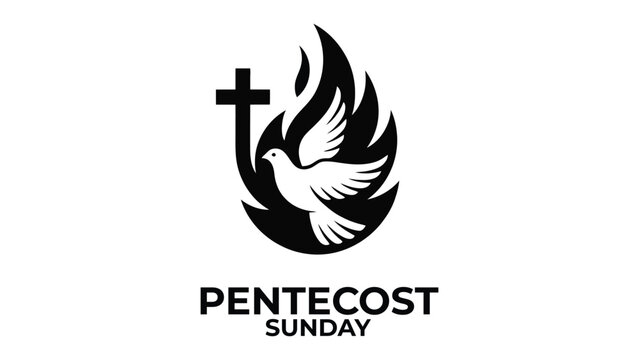 Pentecost Sunday Christian Vector Illustration with Holy Spirit Dove, Cross and Fire Flame Symbols, Religious Church Celebration Logo on White Background.