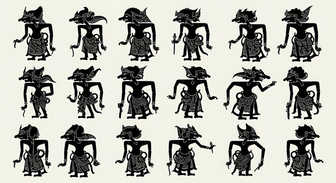 Javanese shadow puppet silhouettes collection on white background