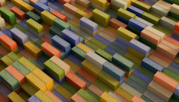 Colorful cargo containers stacked in a grid pattern