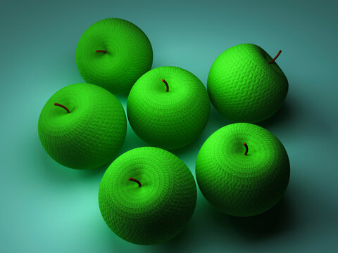 Six green knitted apples in a surreal 3D rendering