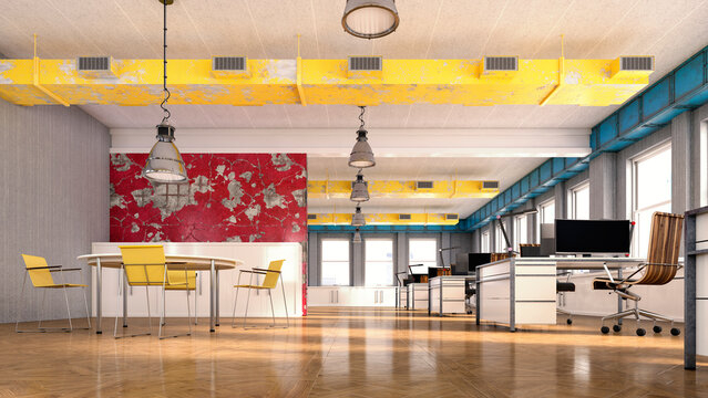 Modern empty industrial office space with desk and computer