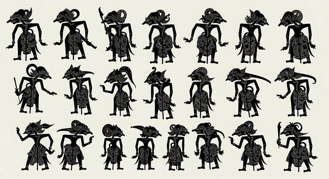 Cultural Indonesian shadow puppet icons for theater and art
