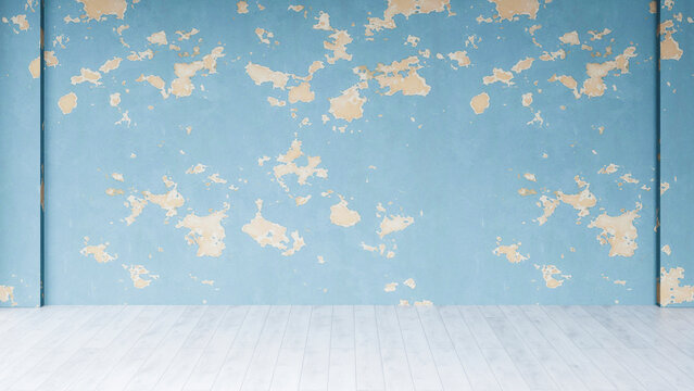 Empty modern room with blue peeling paint wall and wooden floor