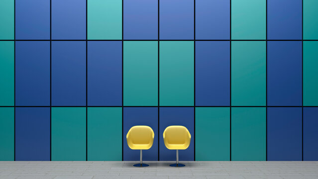 Two yellow chairs in modern blue waiting area with copy space