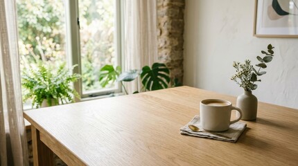 Fototapeta premium Coffee cup on wooden table indoors.