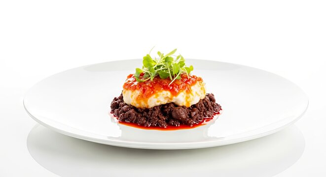 Dish of fish atop black beans with sauce and garnish on plate  