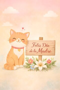 feliz dia de la madre cat with wood sign 