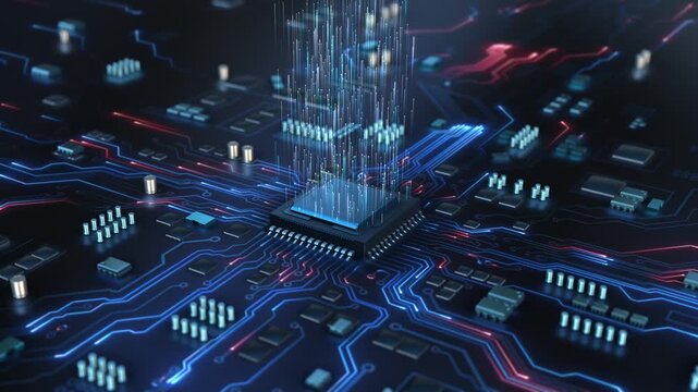 Motherboard CPU GPU Circuit Board Background circuit board. Digital technology. Central computer processor CPU chip. PCB artificial intelligence processor AI chip CPU circuit board. 3D 4K