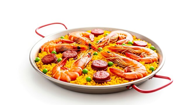 Traditional paella with shrimp, chorizo, and peas in a pan  