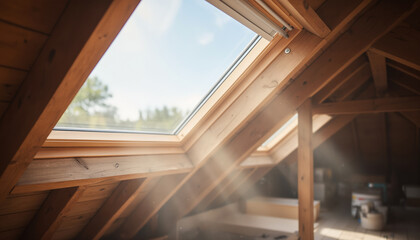 Fototapeta premium Interior view of a wooden attic space with sun rays streaming through a modern skylight window onto the roof beams creating a bright and airy atmosphere during a home renovation project