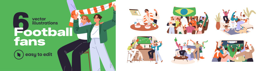Football fans set. People support their sports team. Men and women watch soccer match on TV and cheer squad. Characters rejoice at goal and score. Flat isolated vector illustration on white background