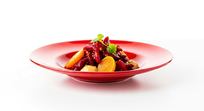 Colorful vegetable salad in red bowl on white background  