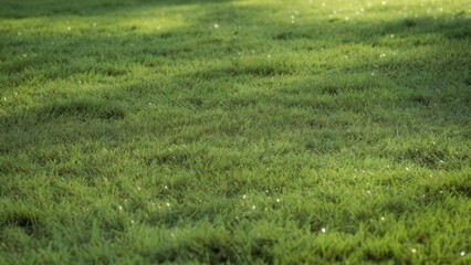 Obraz premium Close up fresh green grass field with morning dew and sunlight