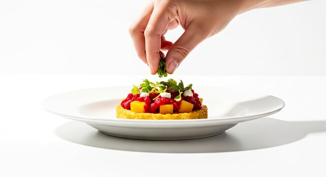 Hand garnishing fruit tart on white plate in bright kitchen  