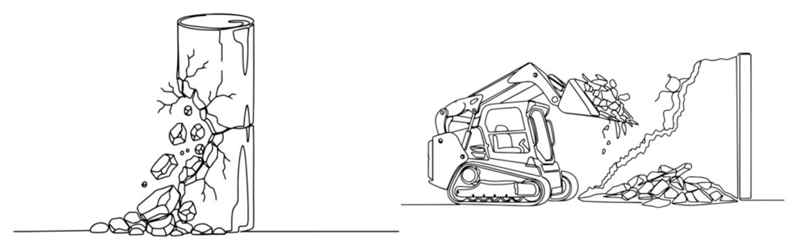 Single line art of demolition activities featuring a collapsing column and a skid steer loader