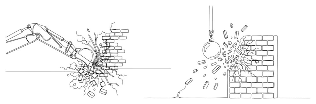 Continuous one line drawing of excavator and wrecking ball demolishing a brick wall