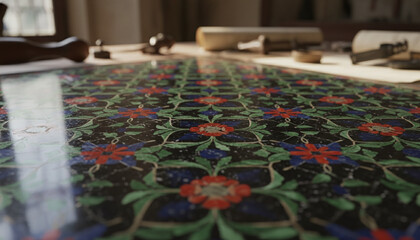 Naklejka premium Florentine Pietra Dura hardstone inlay floral mosaic on black marble