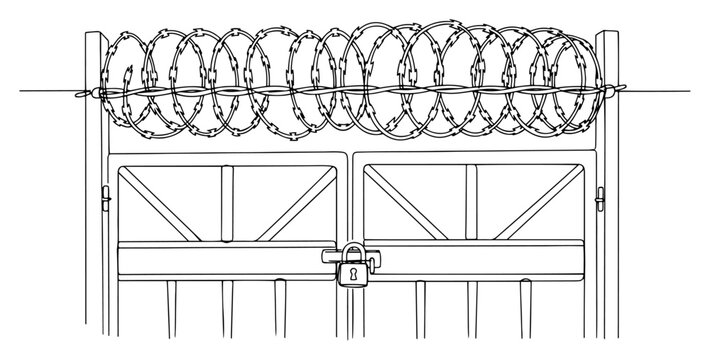 Continuous one line drawing of a locked metal gate topped with sharp razor wire