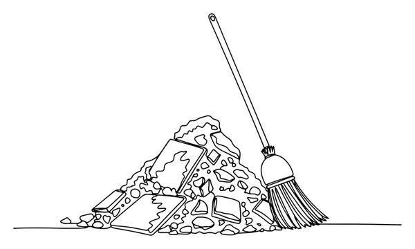 Single line art of a manual broom cleaning up a pile of construction debris and rubble