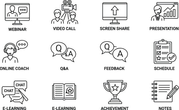Online education and business meeting icons for webinar, video call, and presentation screen share