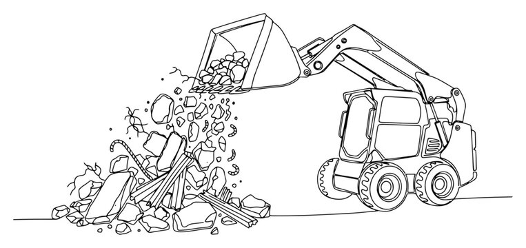 One line drawing of a skid steer loader moving construction rubble on a building site