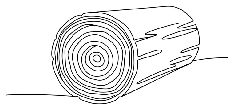 Continuous one line drawing of a tree log with detailed annual growth rings and bark texture