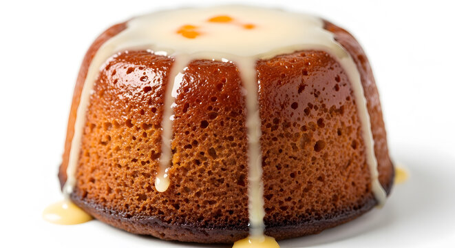 South African toffee based and apricot pudding dish with cream on top known as Malva pudding, shot macro served in white background. Suitable for dessert related projects, with easier editing