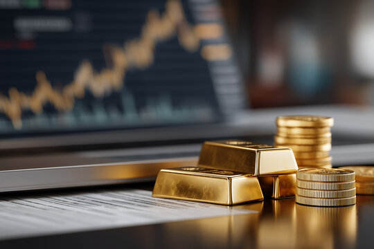 Gold Market Concept with Bullion Bars Coins and Rising Price Chart