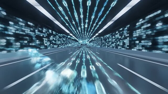 Futuristic Digital Highway Tunnel with Binary Code Flowing.