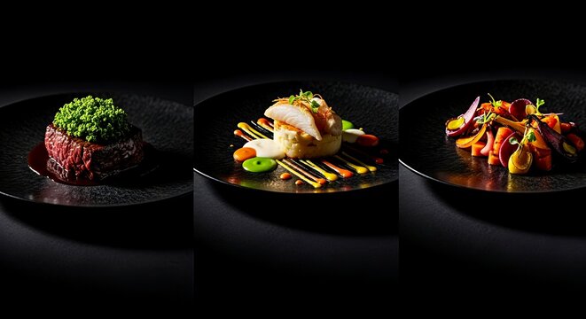 Elegant plated gourmet dishes with vibrant vegetables on dark background  