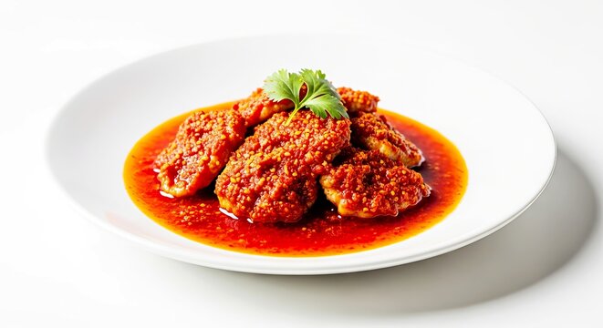 Fried chicken pieces in spicy sauce on white plate  