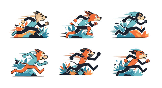 Cartoon animals running fast set illustration