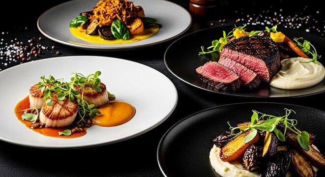 Gourmet food dishes beautifully arranged on black background  
